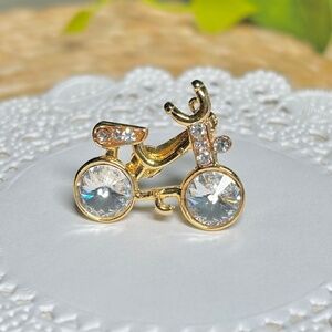 Vintage Sparkling Small Bicycle Brooch Pin Gold Tone with Clear Rhinestones
